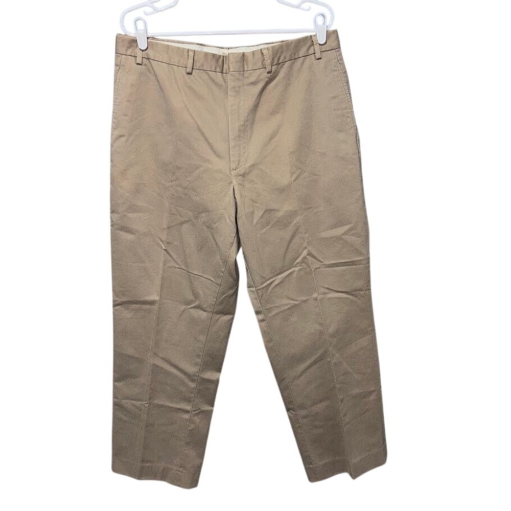 LL Bean Chino Pants Mens W37 Tan Cotton Twill Flat Front Classic Khaki Preppy